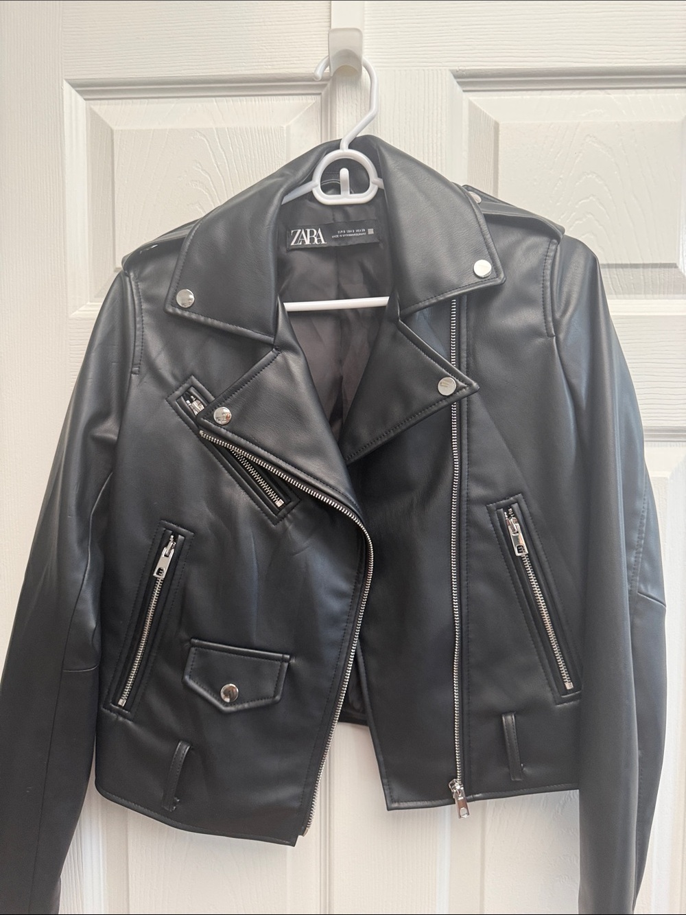 ZARA Black Faux Leather Biker Jacket with Silver Hardware